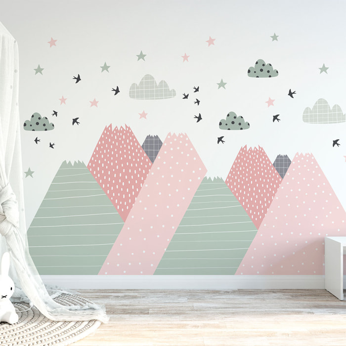 Stickers muraux enfants - Décoration chambre bébé - Autocollant Sticker mural géant enfant montagnes scandinaves BIKA