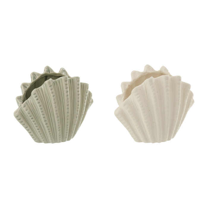 J-Line Vase Coquillage - grès - blanc/vert olive - small - 2 pièces