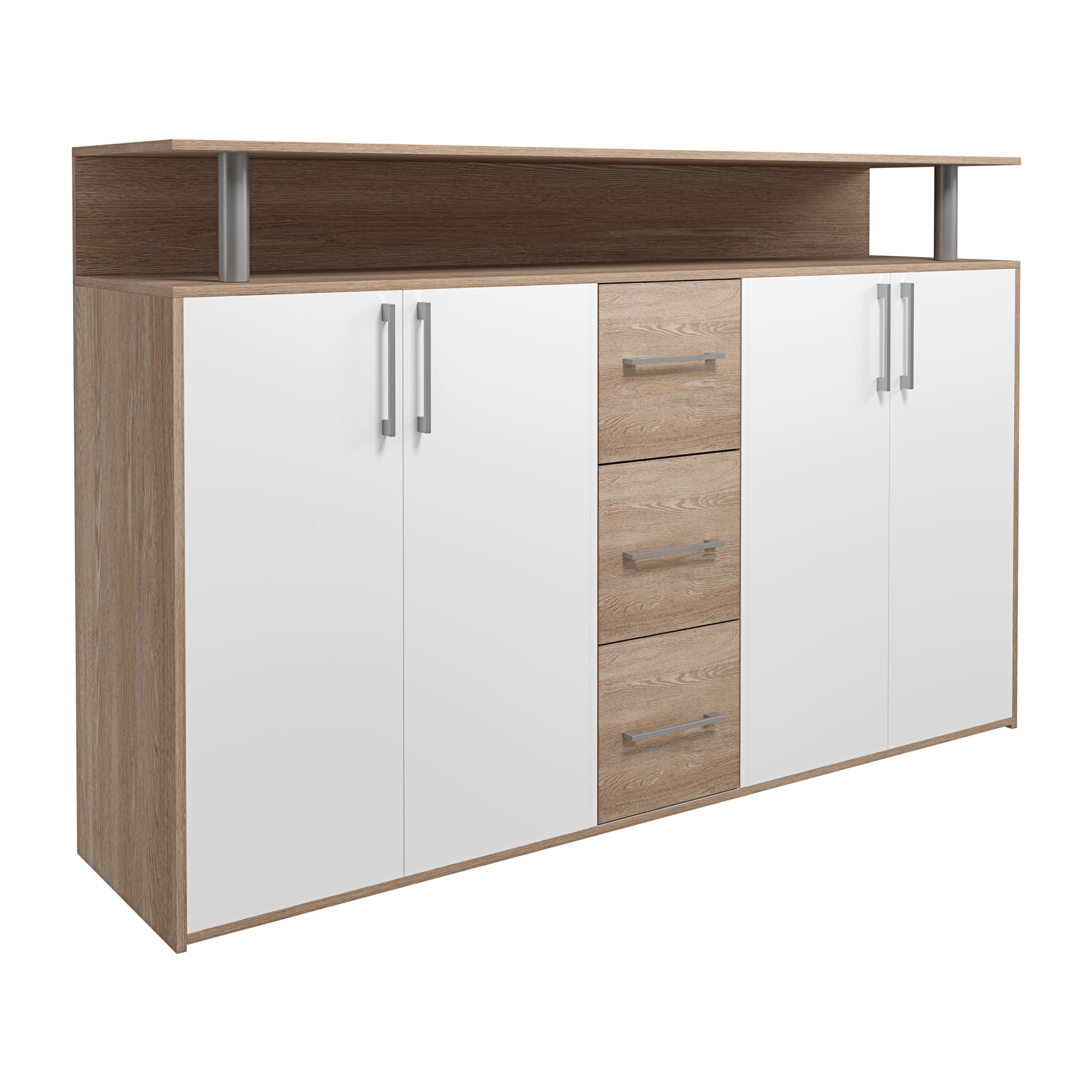 Credenza Comò Con 3 Cassetti 4 Ante Battenti 1 Ripiano Aperto A Giorno Mobile Mobiletto Soggiorno Ingresso Salotto 139 x 90 x 34 Cm Bianco Rovere