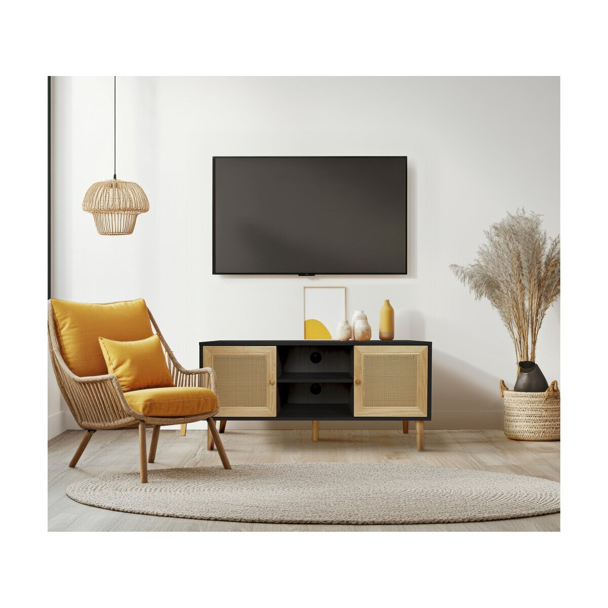 Meuble TV scandinave en cannage "Iguane" - 120 x 30 x 56.5 cm - Noir