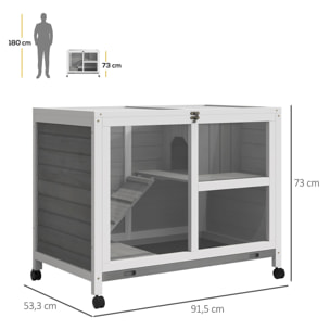 Conejera de Madera con Ruedas 91,5x53,3x73 cm Jaula para Conejos de 2 Niveles con Techo Abatible Bandeja Extraíble y Rampa Gris