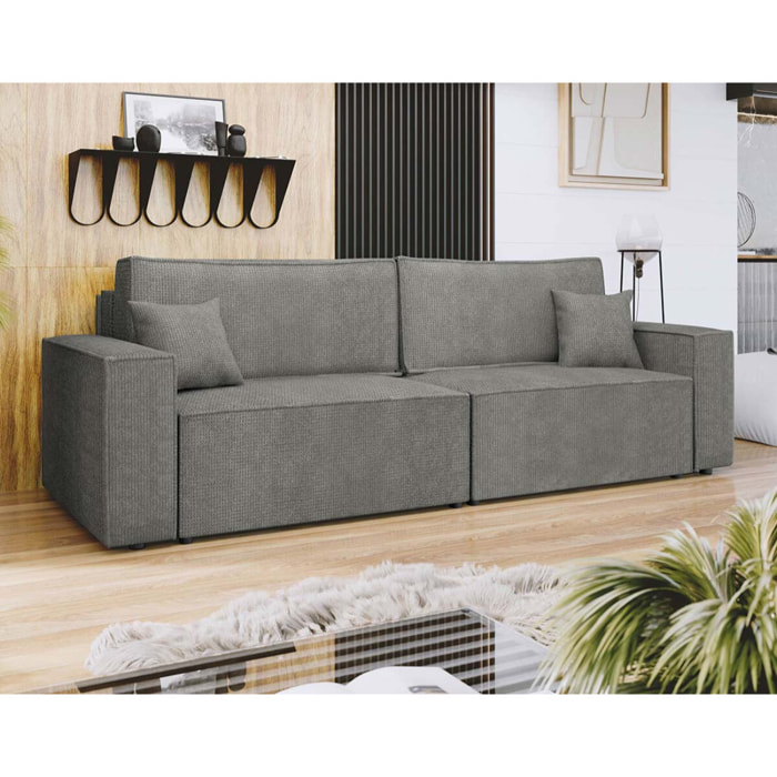 Cezanne - Canapé droit 3 places convertible avec coffre en tissu texturé - Gris