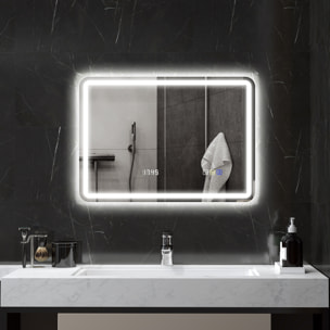 Miroir lumineux LED salle de bain Bluetooth 50x70cm - horloge numérique, antibuée, tactile, réglable - verre trempé 4 mm