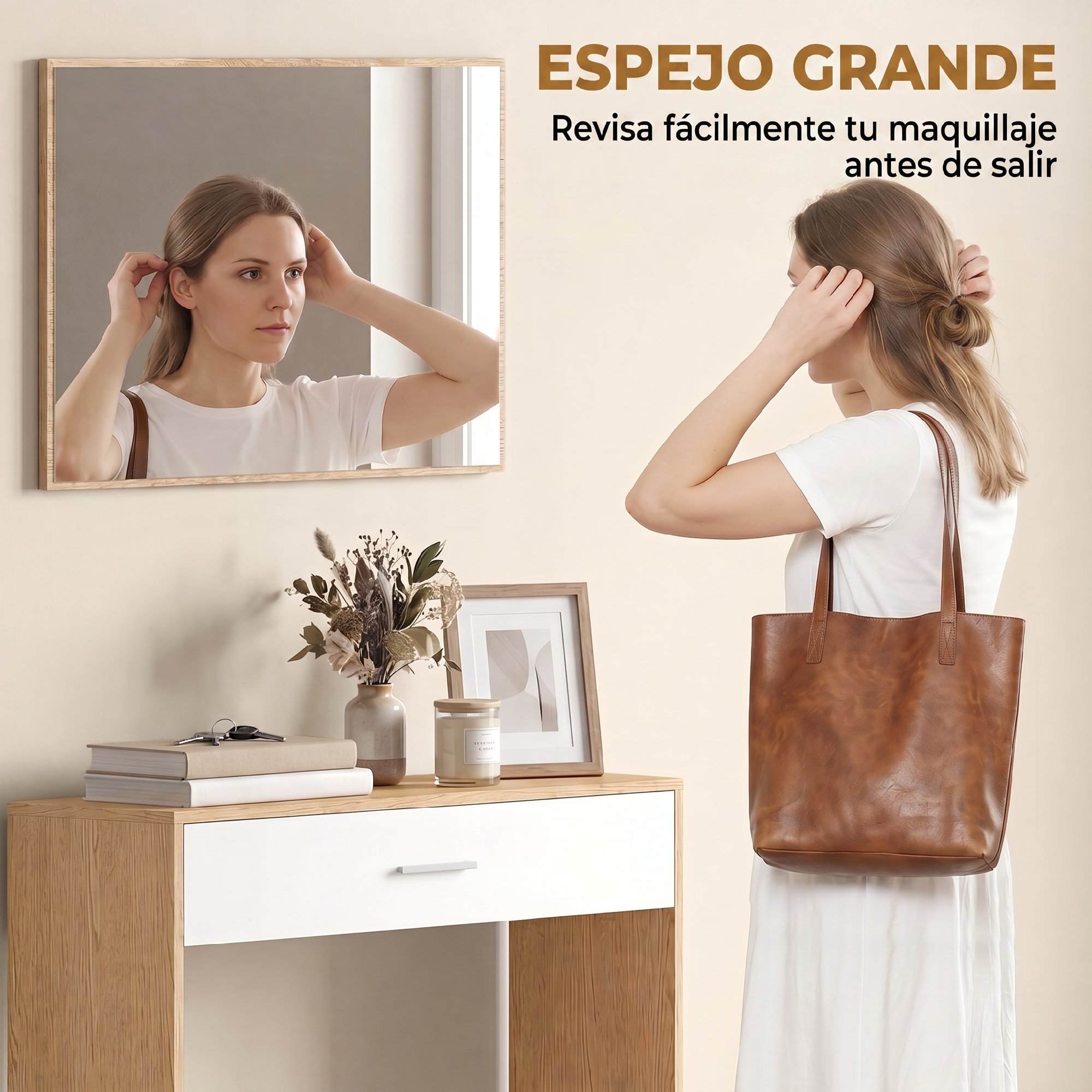 Recibidor de Entrada con Espejo, Cajón y Estante, Mueble de Recibidor de 2 Piezas con Mesa Consola y Espejo, Diseño Antivuelco, para Pasillo, 91,5x27,9x85,5 cm, Roble