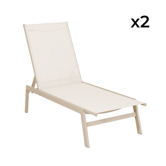 Lot de 2 transats beige. 5 positions. en textilène et métal. FLORA.  L155 x P59 x H106cm