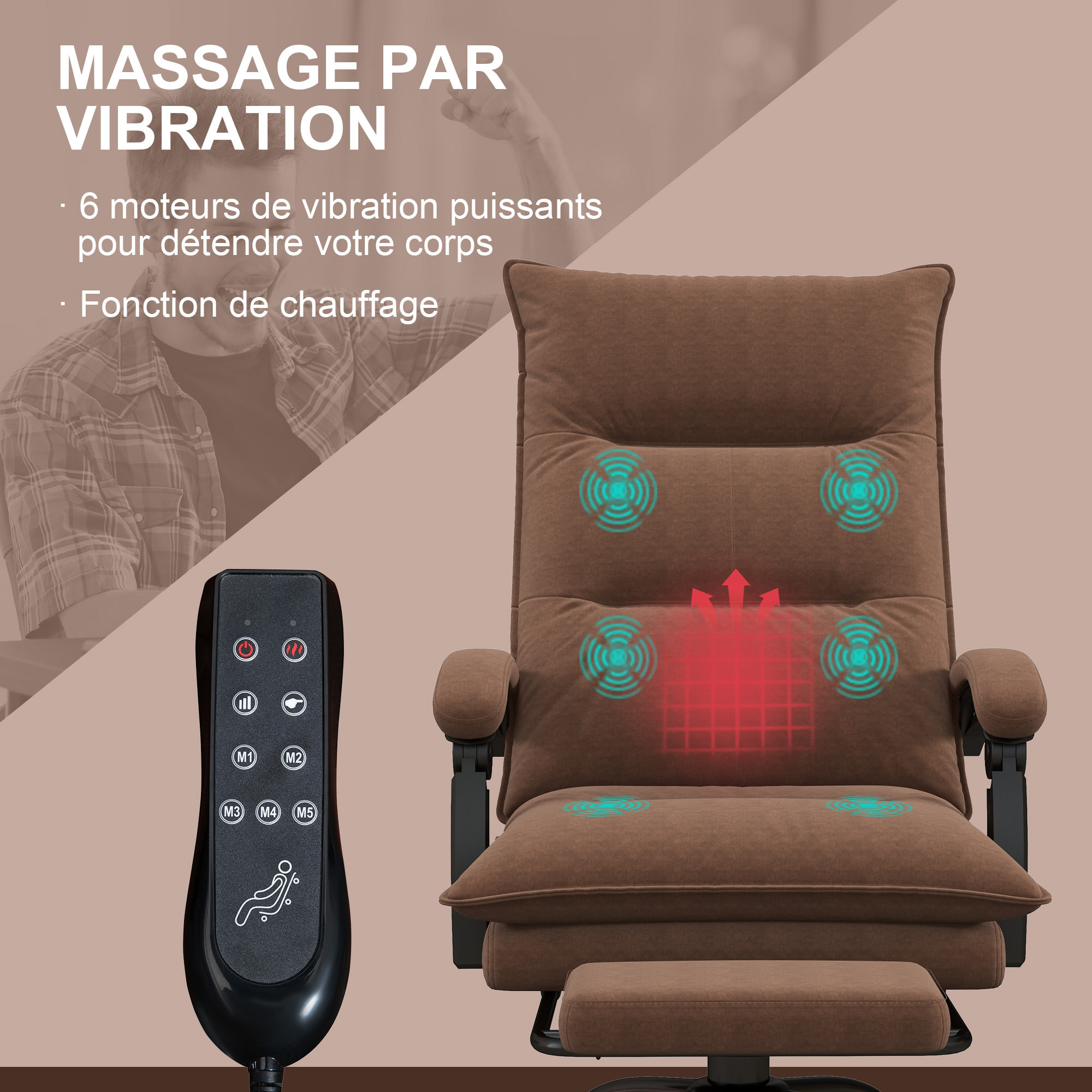 Fauteuil de bureau massant chauffant inclinable réglable repose-pieds rétractable microfibre marron