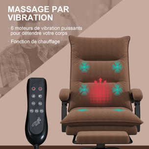 Fauteuil de bureau massant chauffant inclinable réglable repose-pieds rétractable microfibre marron