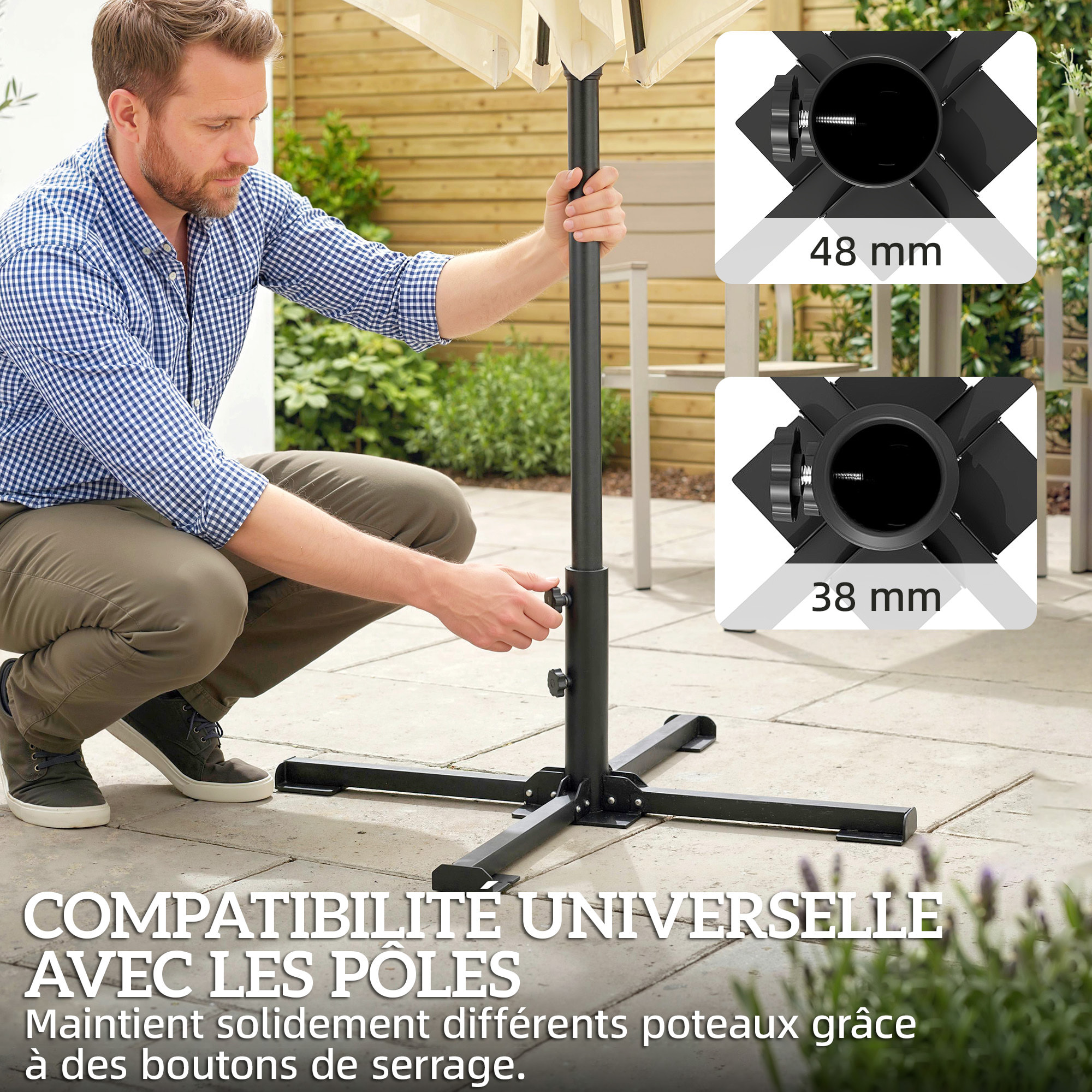 Pied de parasol pliable compatible mât 38-48mm acier anthracite