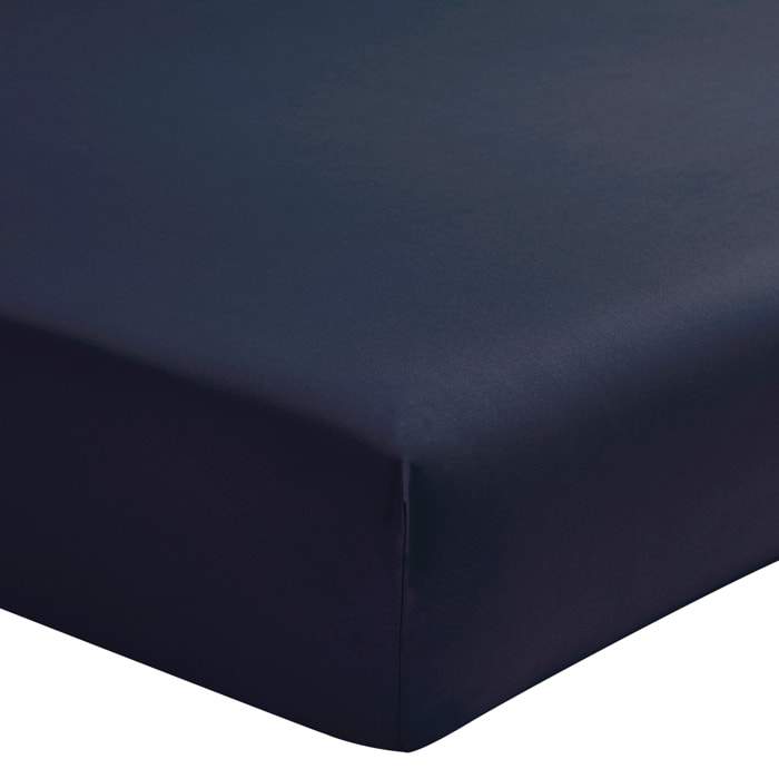 Drap housse uni en percale de coton, bonnet de 30cm, PREMIÈRE, Bleu Nuit