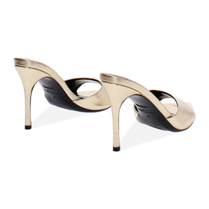 Mules open toe donna oro in laminato, tacco 9,5 cm