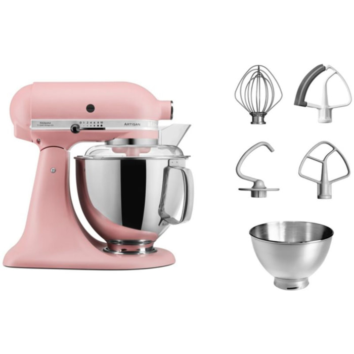 Robot pâtissier KITCHENAID 5KSM175PSEDR rose poudré, 4,8 L, bol avec poignée + bol 3 L, batteur souple et couvercle
