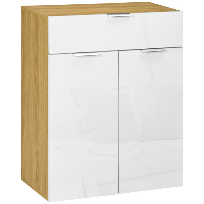 Aparador de Salón Armario Multiusos de Alto Brillo con Cajón 2 Puertas y Estantes Ajustables para Comedor Dormitorio 70x35x92 cm Blanco y Natural