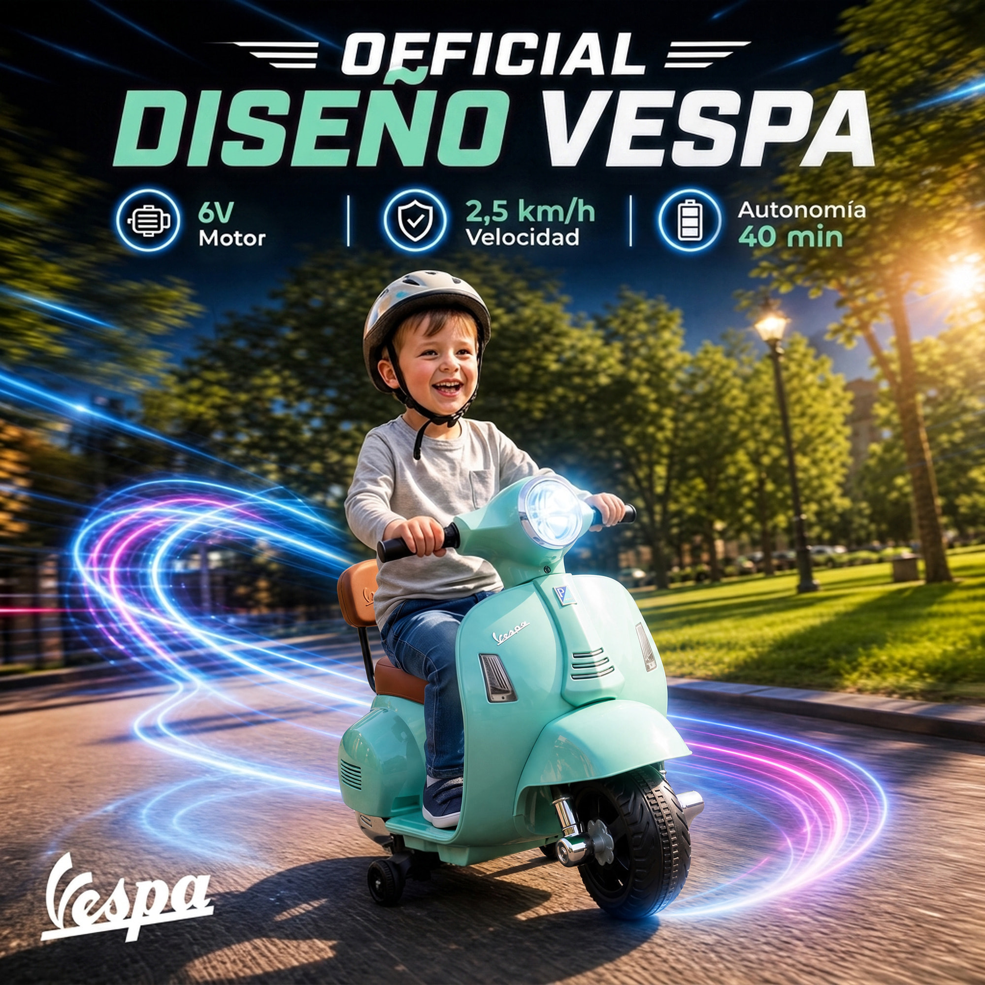 Moto Eléctrica para Niños Licencia Mini Vespa GTS 6V, Moto Eléctrica Infantil con 2 Ruedas Auxiliares, Batería de Litio, Faro, Bocina, Respaldo, 2,5 km/h, Avance y Atrás, 18-36 Meses, Verde