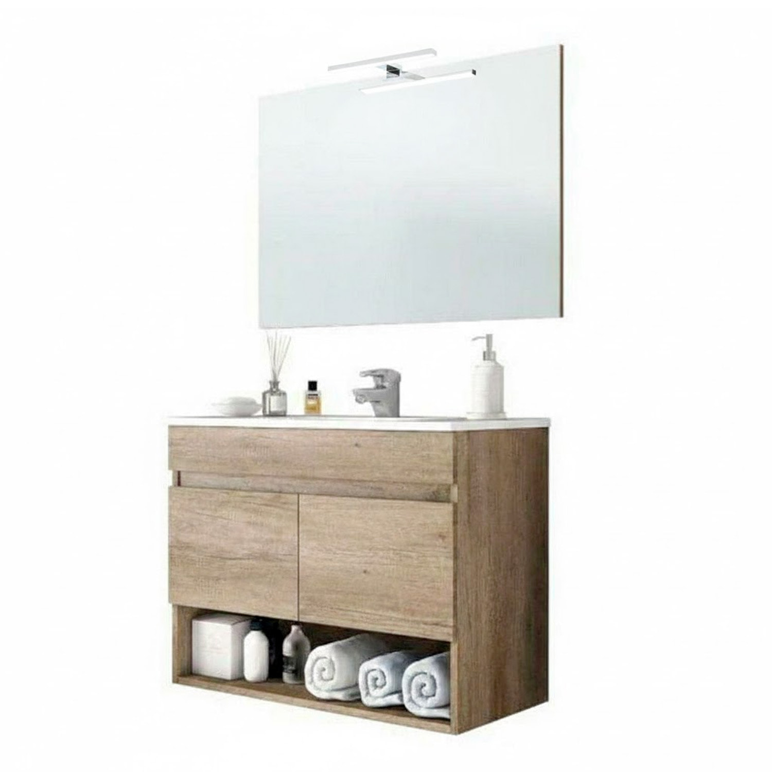 Mobiletto Bagno Sospeso Mobile Legno Con 2 Ante Ripiani e Vani Aperti Lavabo In Ceramica Con Specchio E Led Design Nordico 80 x 45 x 64 Cm Rovere