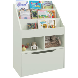 Estantería Infantil de Madera con 3 Compartimentos 2 Cubos y Cajón Móvil con 4 Ruedas Librería Infantil para Habitación de Niños Sala de Juegos 60x29,9x90 cm Verde