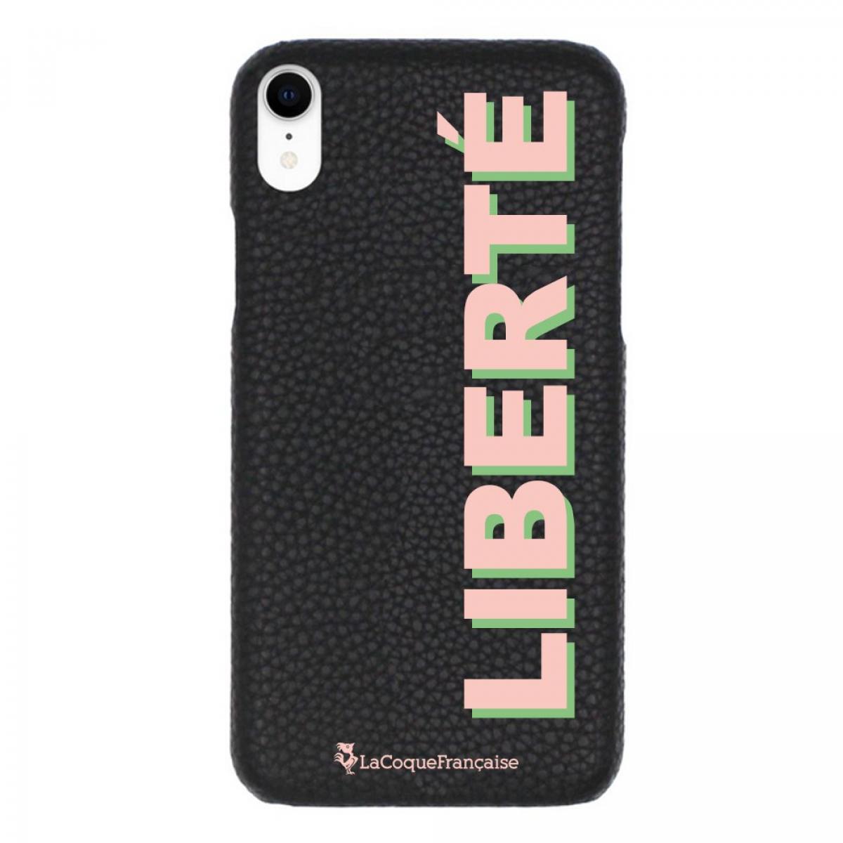 Coque iPhone Xr effet cuir grainé noir Liberté rose et vert Design La Coque Francaise