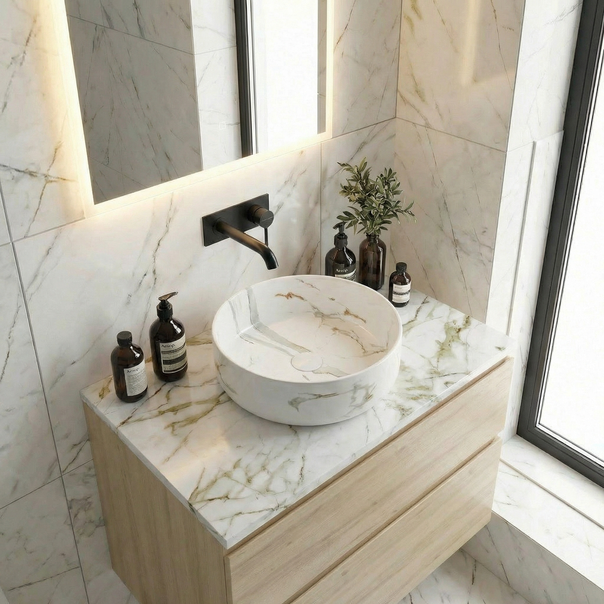 Vasque à poser ronde diamètre 39 cm - effet marbre blanc mat - sans trop-plein - SAT Infinitio