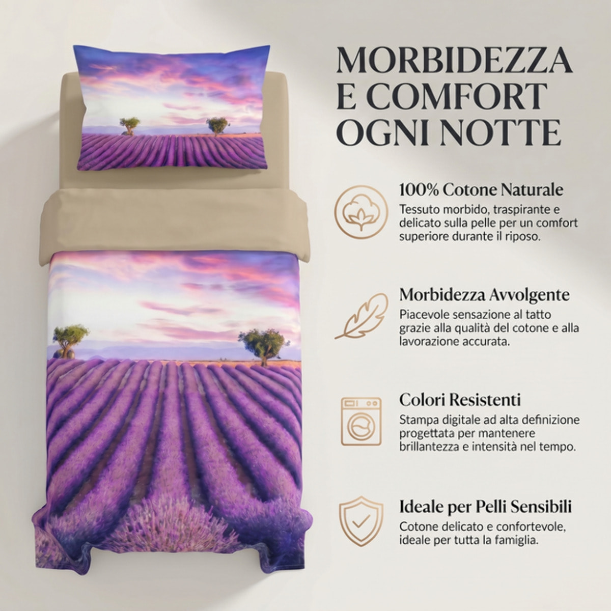 Completo lenzuola singolo in cotone con stampa alta qualità, set letto con lenzuolo sopra, sotto con angoli e federa, morbido e traspirante per pelli sensibili, colori brillanti e resistenti ai lavaggi, certificato OEKO-TEX, comfort quotidiano
