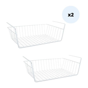 Lot de 2 paniers de rangement sous étagère 38,5x25,5x14cm en Acier Blanc mat MSV