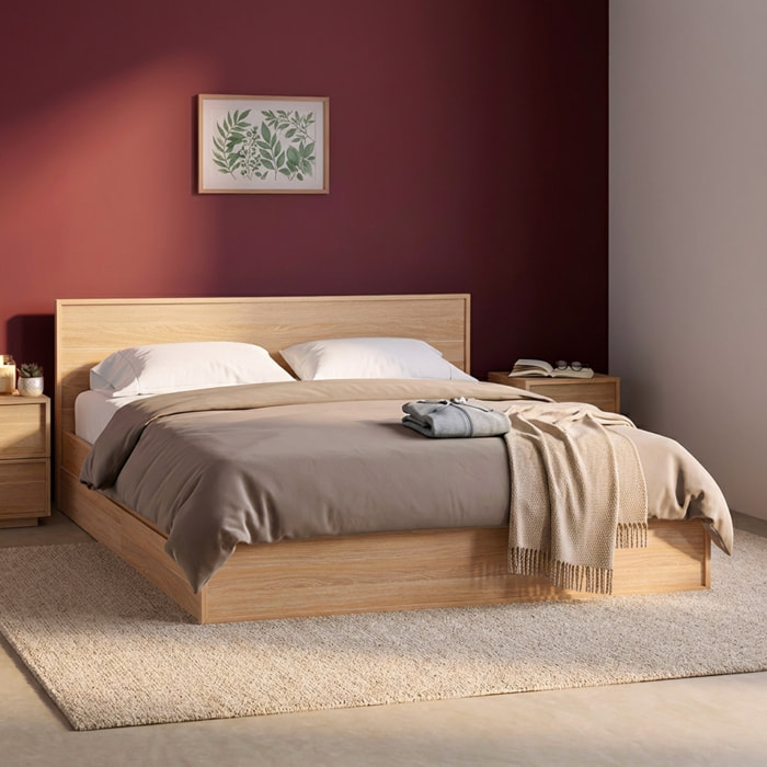 Lit avec sommier à lattes et tête de lit 160 x 200cm + 4 tiroirs décor bois KUBA