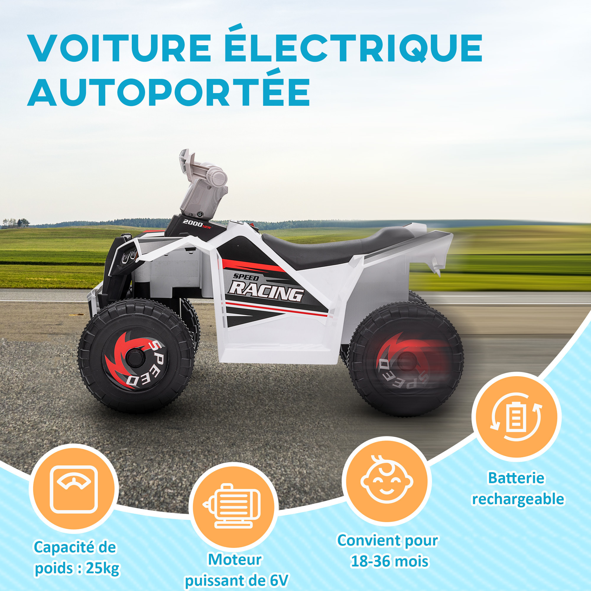 Quad électrique enfant V. max.  2,5 Km/h 6 V blanc