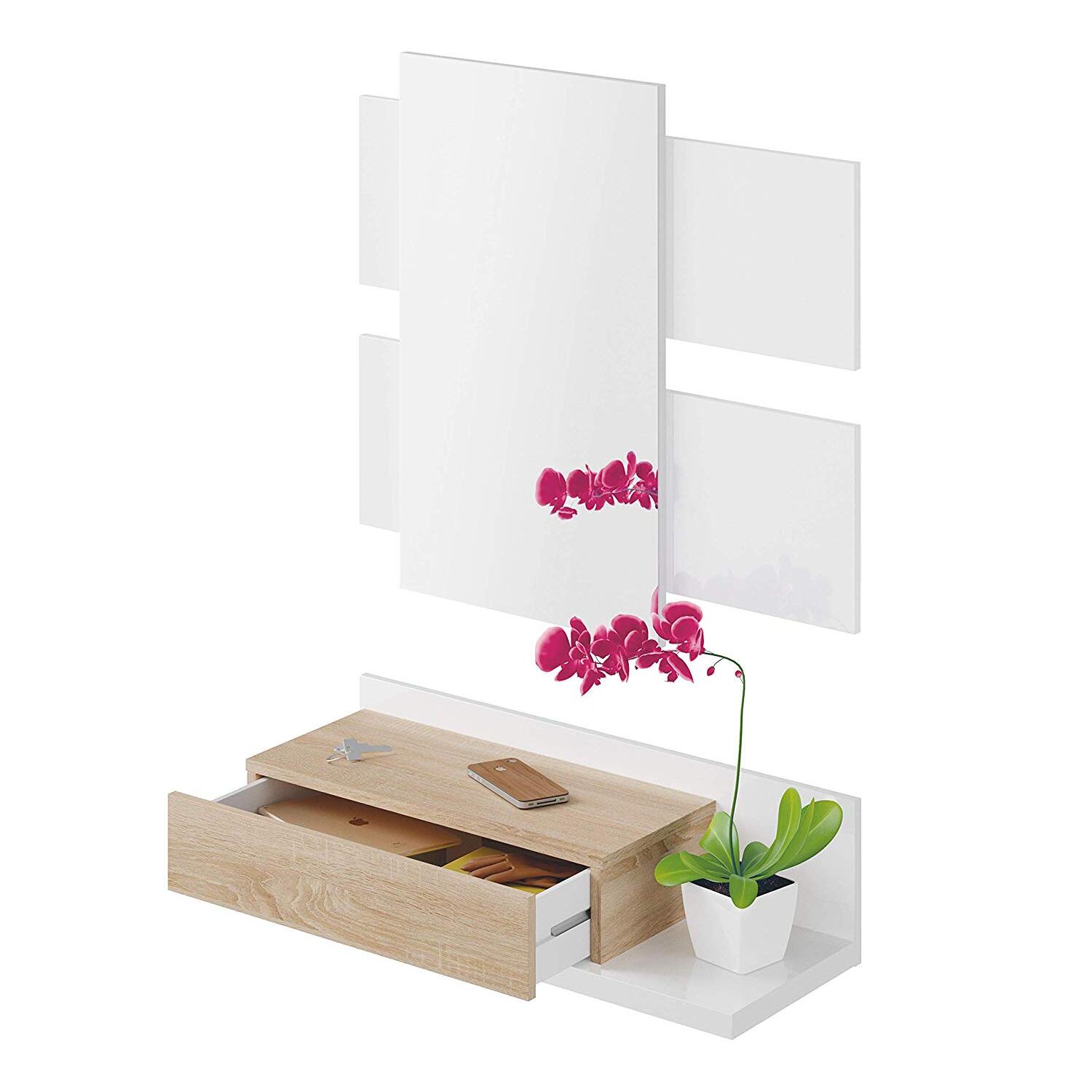 Mobiletto Per Ingresso Con Cassetto Specchio Sospeso Mobile Di Design Moderno Con Vano Porta Accessori Corridoio Soggiorno 75x116x29 Cm Rovere Bianco