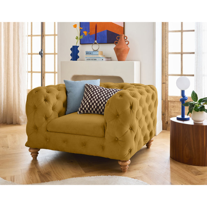 Walter - fauteuil chesterfield en velours - pieds bois - Jaune