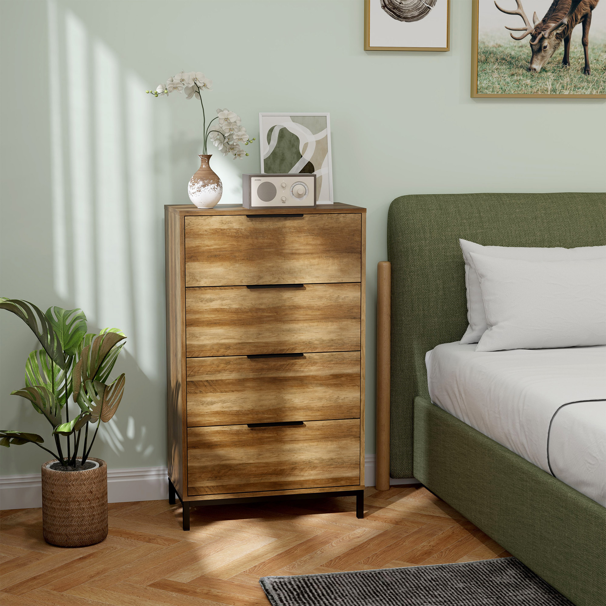 Cómoda de 4 Cajones Cómoda para Dormitorio Alta con Tiradores Metálicos Cajonera Estrecha para Salón Pasillo 62x35x105 cm Natural