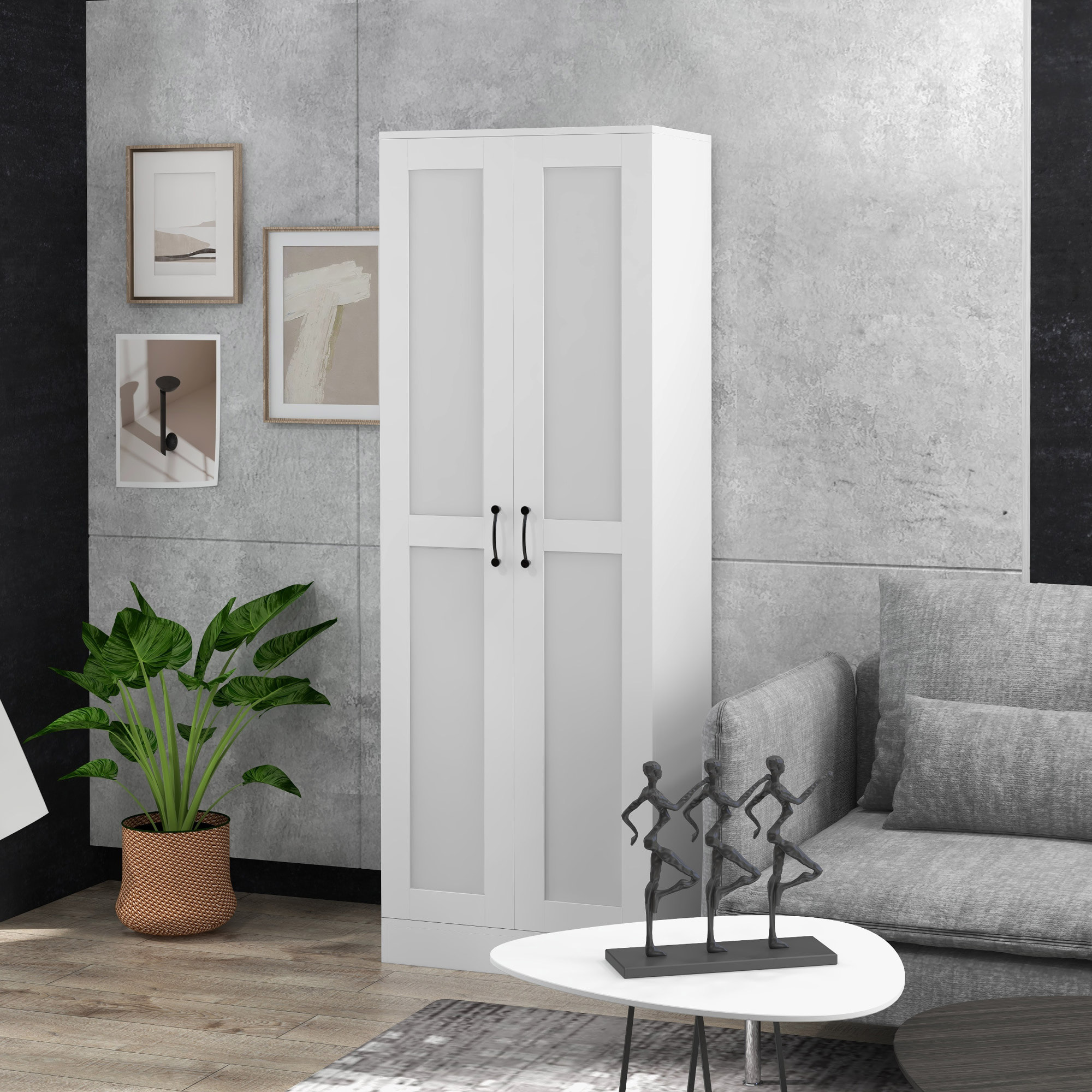 Armoire 2 portes 4 étagères dim. 60L x 36,5l x 175H cm poignées métal noir panneaux blanc