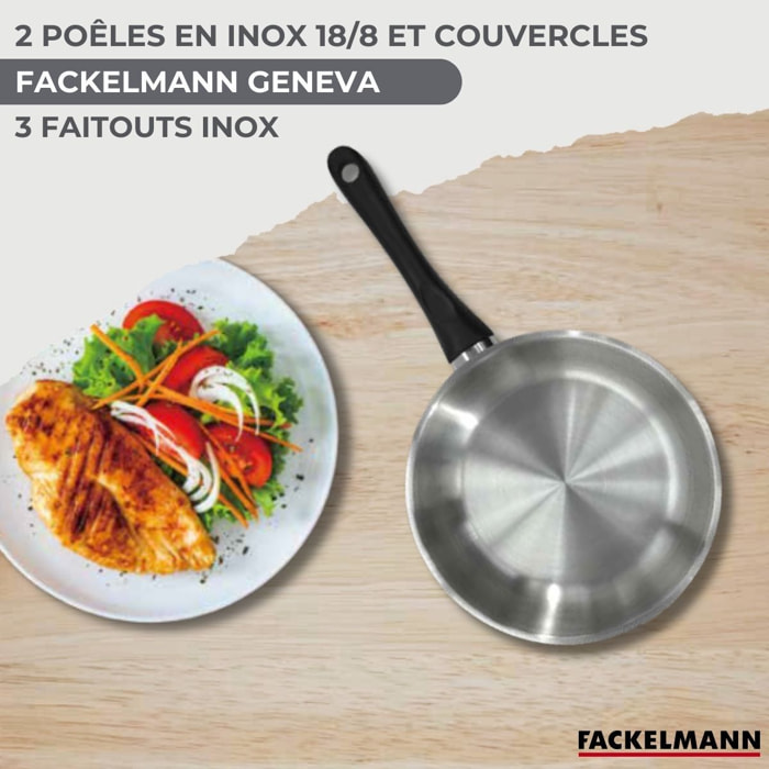 Set de 2 poêles en inox et couvercles, 3 faitouts inox 16, 20 et 24 cm Fackelmann Geneva