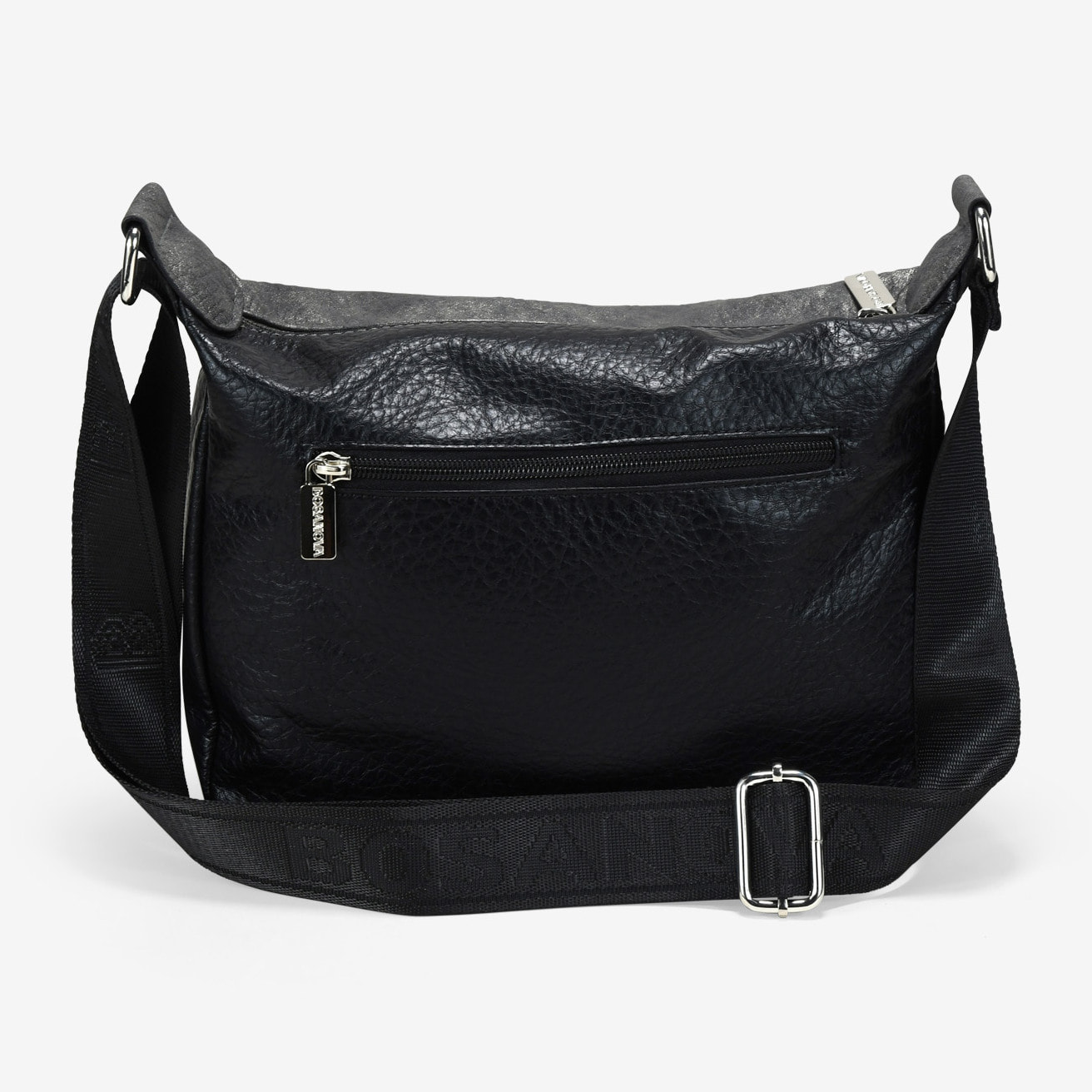 Bolso bandolera negro con cremalleras y tachas