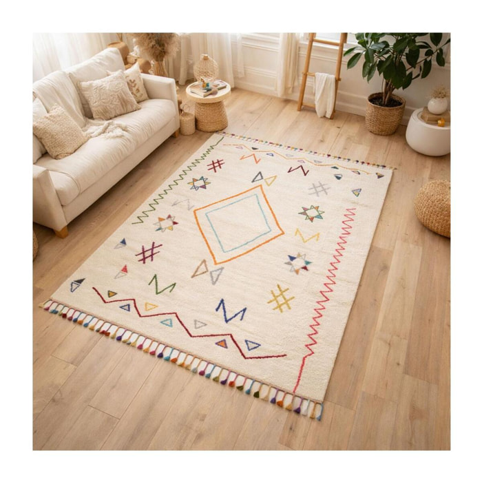 Tapis Visa crème et multicolore motif traditionnel berbère
