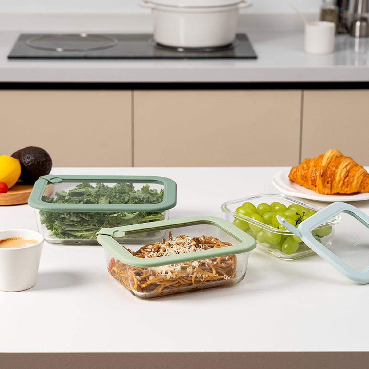 Lot de 3 boîtes en verre rectangulaires avec couvercle 640 1050 1520ml