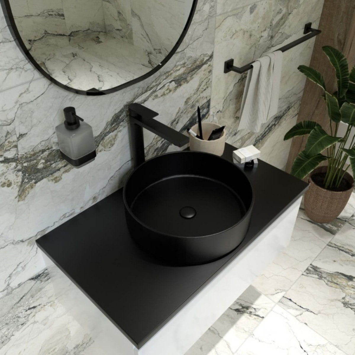 B-Way set mitigeur lavabo XL + mitigeur cuisine Ceramia Timeless acier inoxydable, douchette extractible, noir mat (SATBW185BM)