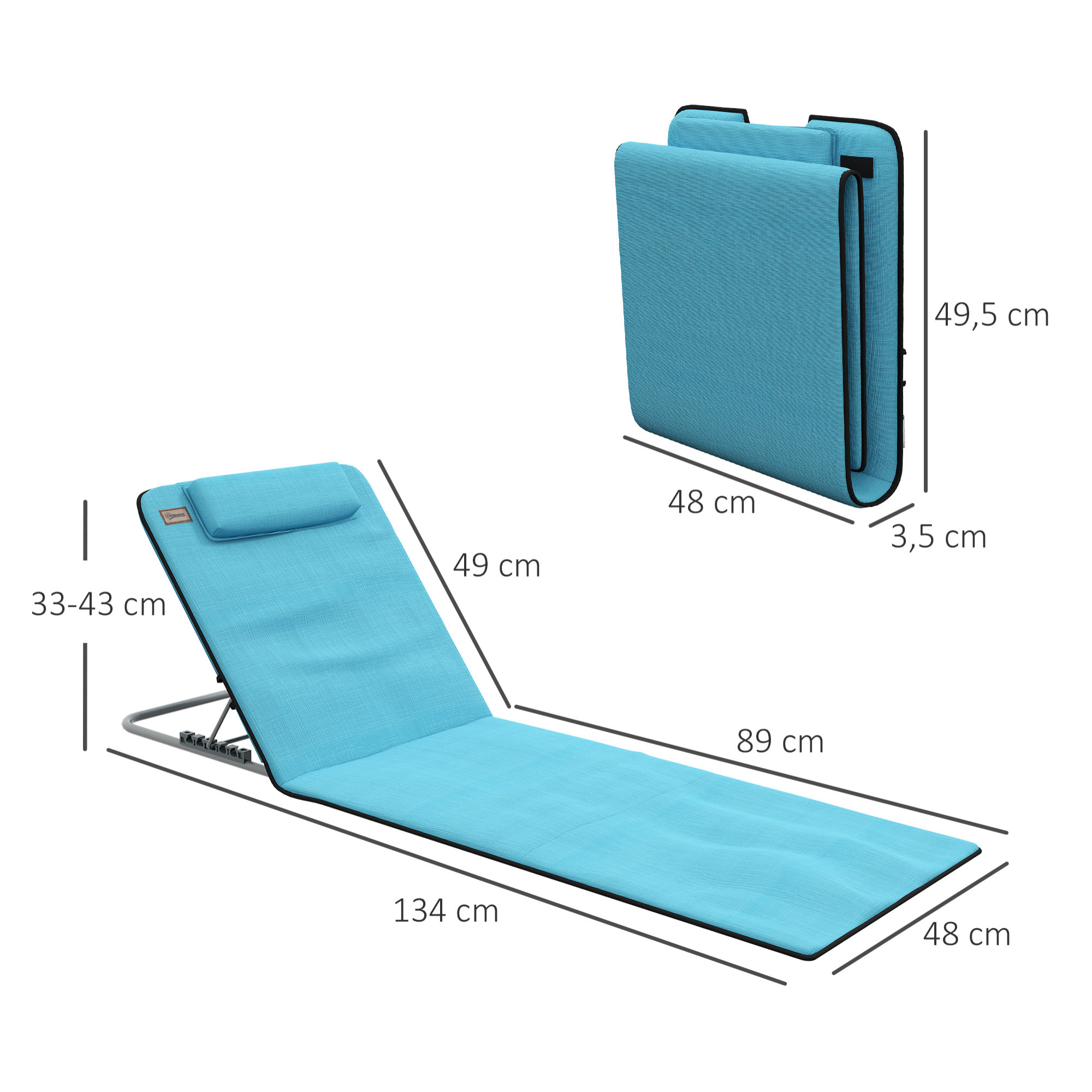 Conjunto de 2 Esterillas de Playa Plegables, Esterillas con Respaldo Reclinable en 5 Niveles, Reposacabezas y Bolsa de Transporte, 134x48x33-43 cm, Azul