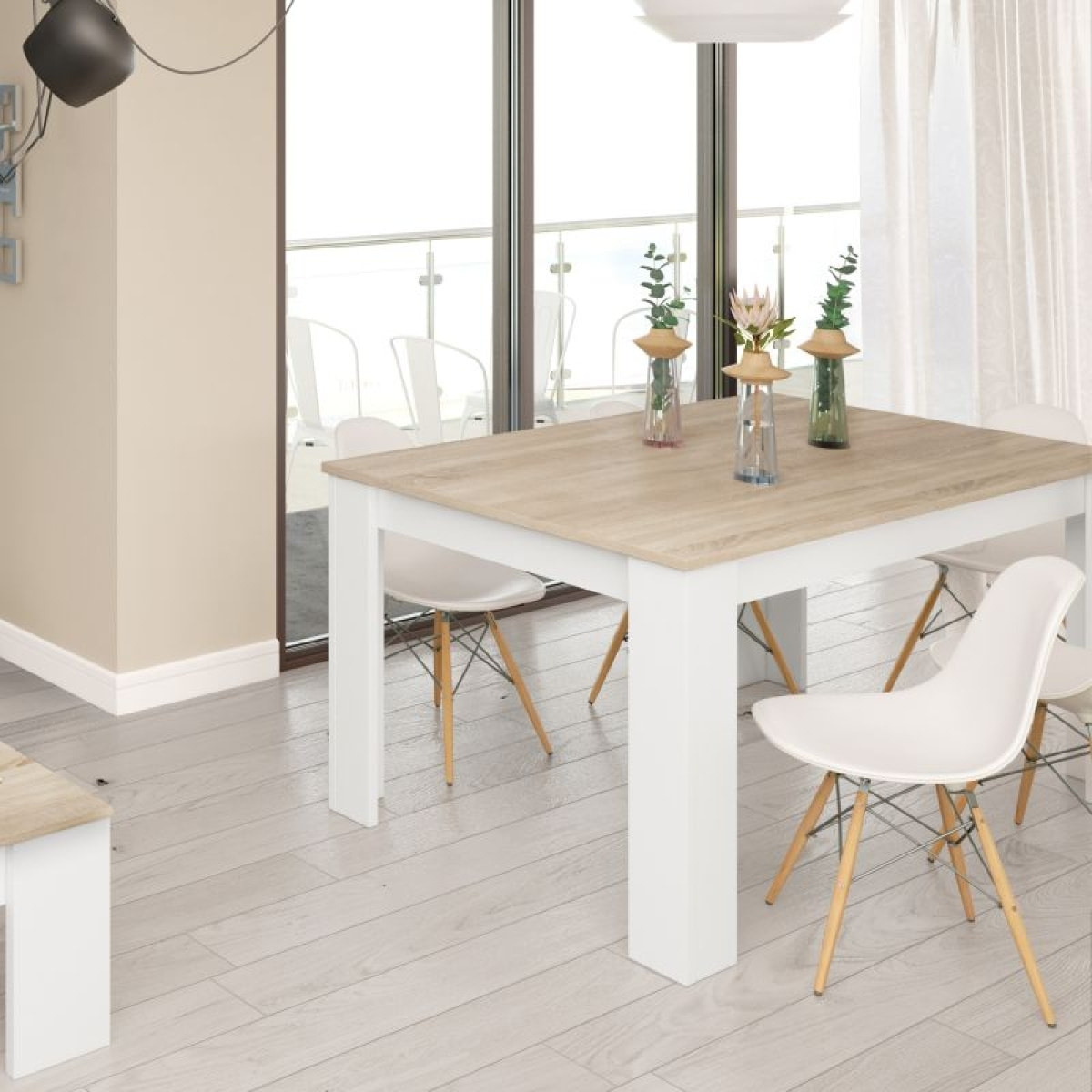 Mesa de comedor extensible Kendra 140 Blanco Artik (Blanco Mate) - Roble Canadian