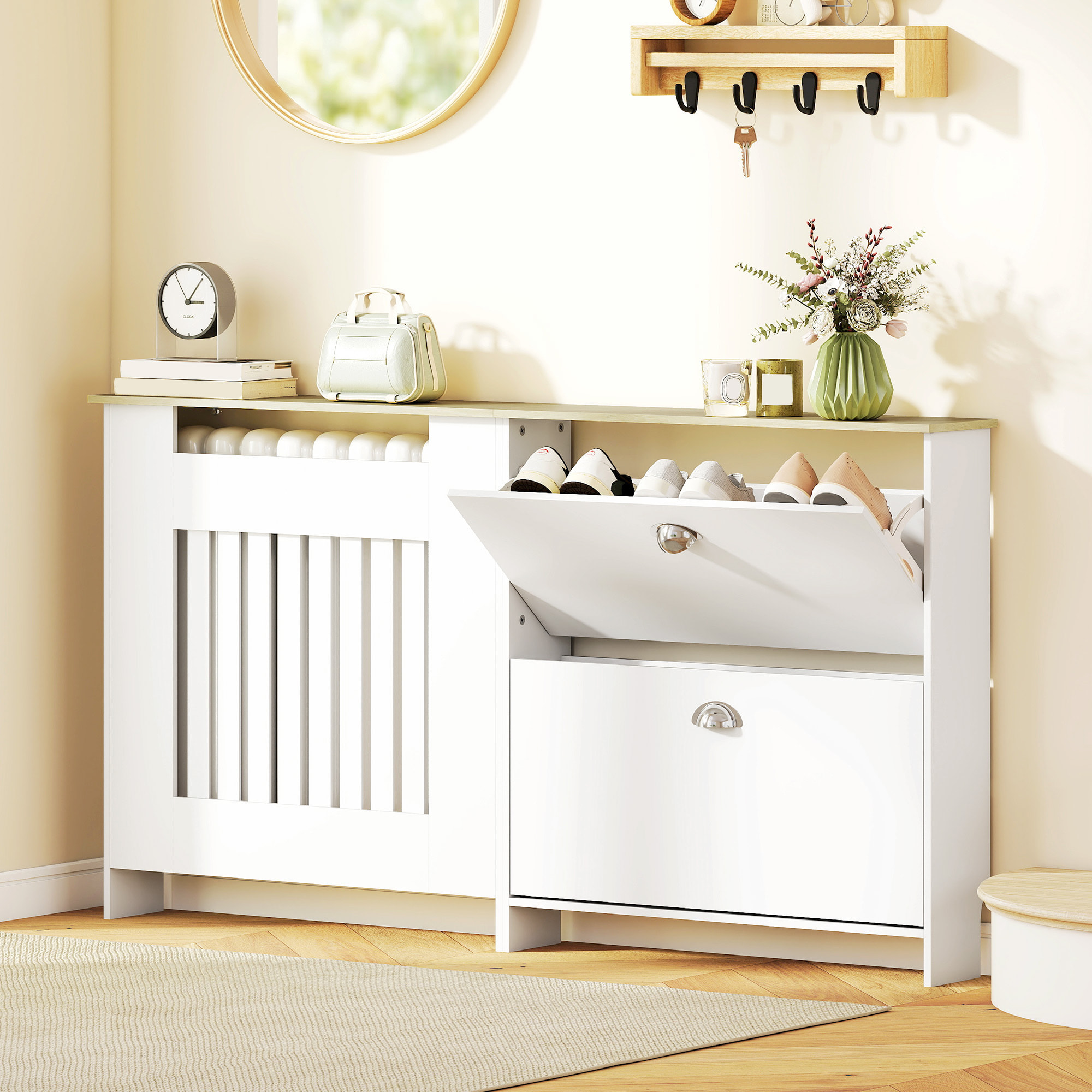 Cubre Radiadores con Zapatero, Cubreradiador de MDF, 152x19x81 cm, Cubierta para Radiador con 2 Cajones Abatibles, Diseño Moderno de Listones, para Salón, Dormitorio, Blanco