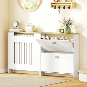 Cubre Radiadores con Zapatero, Cubreradiador de MDF, 152x19x81 cm, Cubierta para Radiador con 2 Cajones Abatibles, Diseño Moderno de Listones, para Salón, Dormitorio, Blanco
