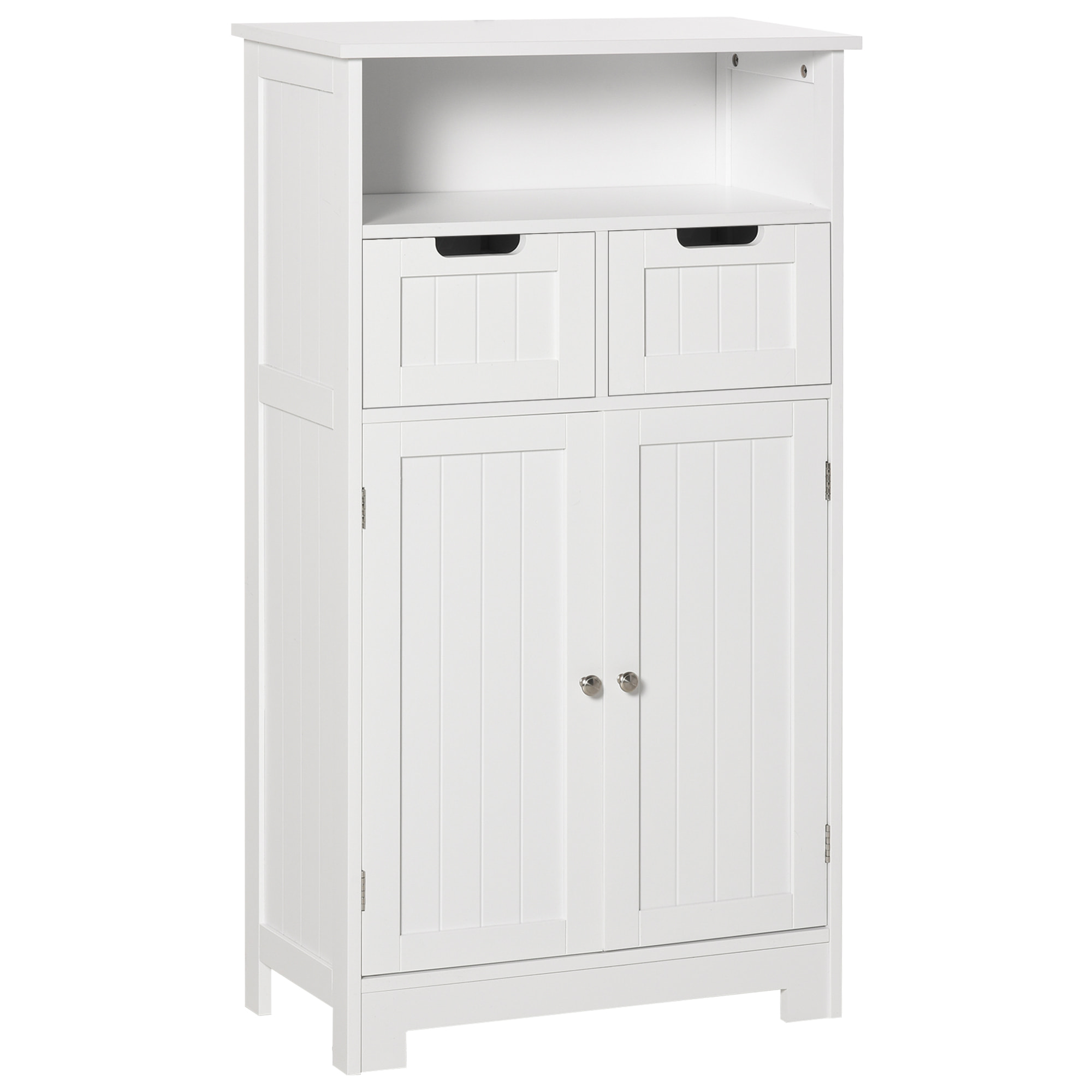 Meuble bas de salle de bain multi-rangements grande niche 2 tiroirs placard double porte avec étagère MDF blanc