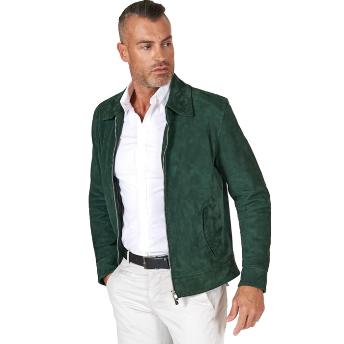 Giacca in camoscio color verde impunturata colletto camicia