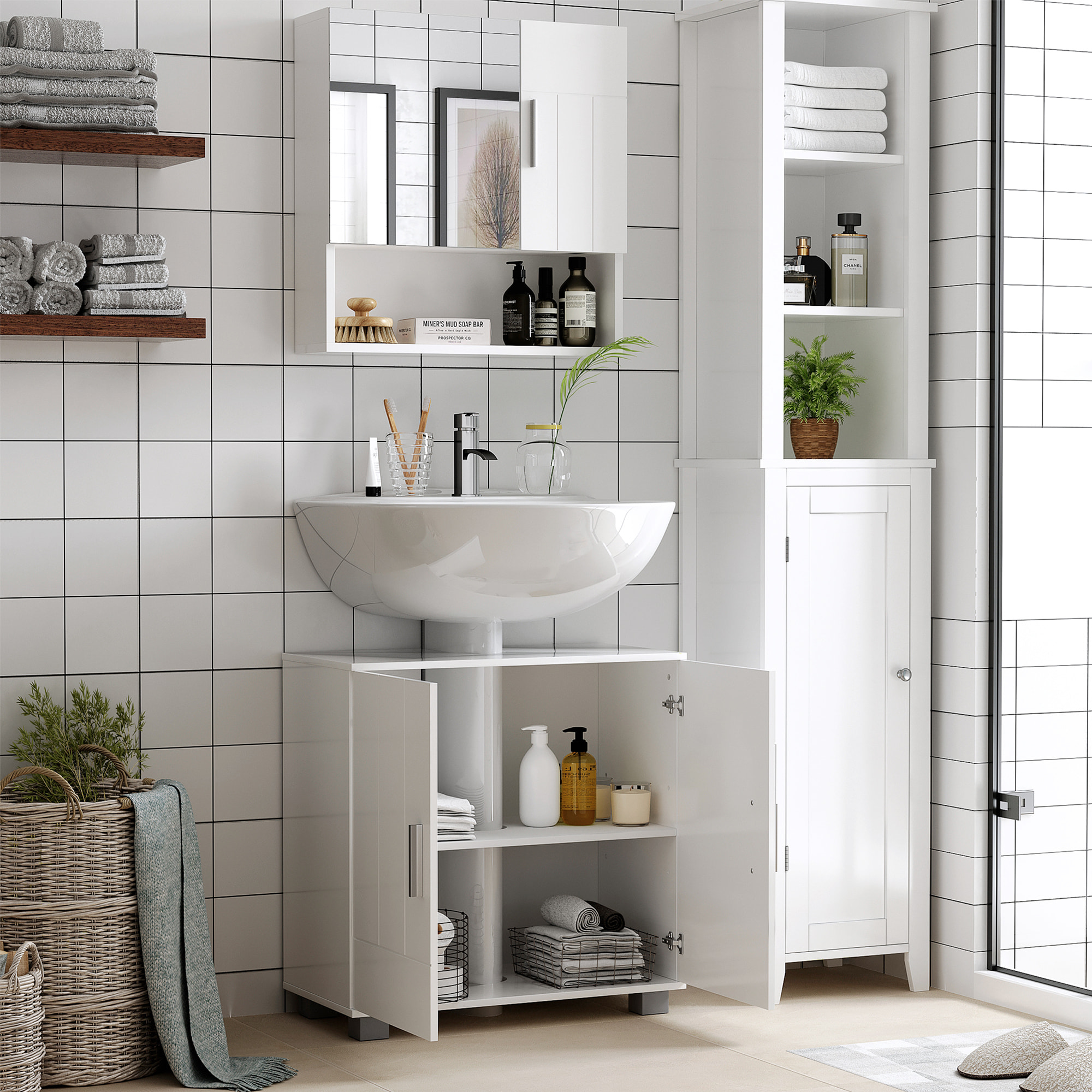 kleankin Armario de Baño con Espejo Mueble Colgante de Aseo con 2 Puertas y 2 Estantes Ajustables Interiores 54x15,2x55,3 cm Blanco