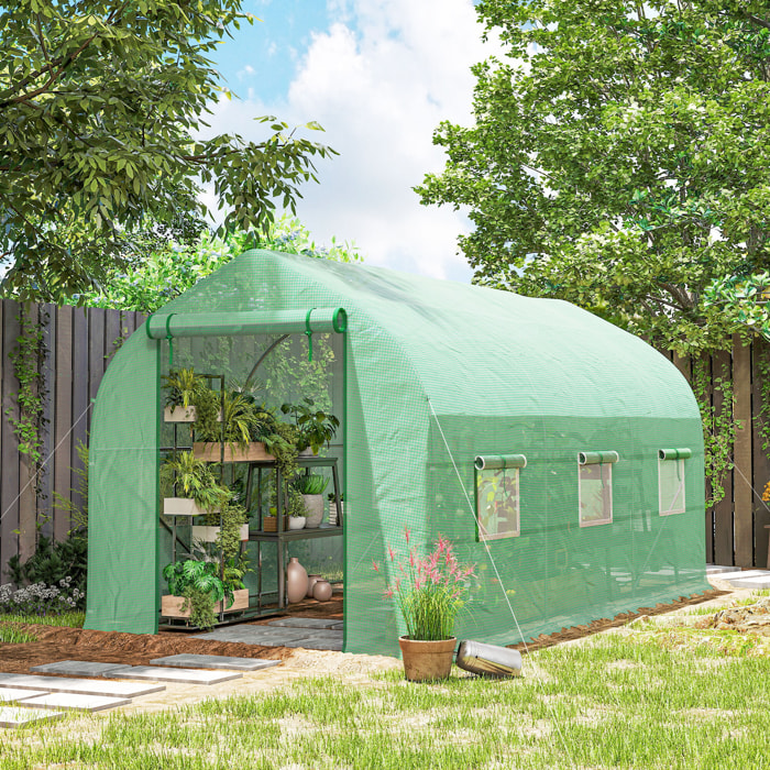 Serre tunnel de jardin 8 m² - 2 portes, 6 fenêtres - métal galvanisé bâche PE vert