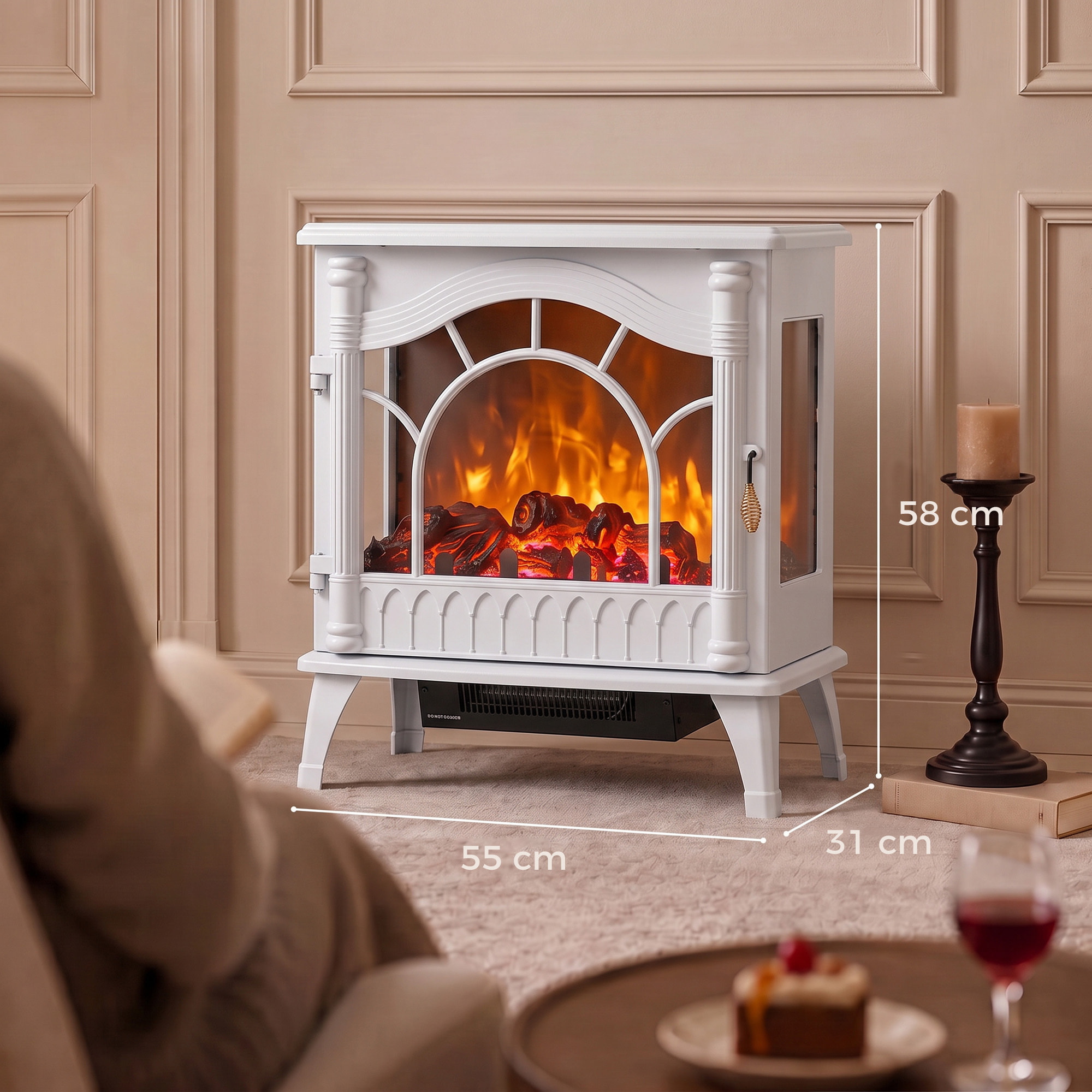 Chimenea Eléctrica 1000W/2000W Chimenea Decorativa de Pie con Temperatura Ajustable Bajo Consumo Protección contra Sobrecalentamiento Efecto de Llama 3D para Sala 15-30 m² Blanco