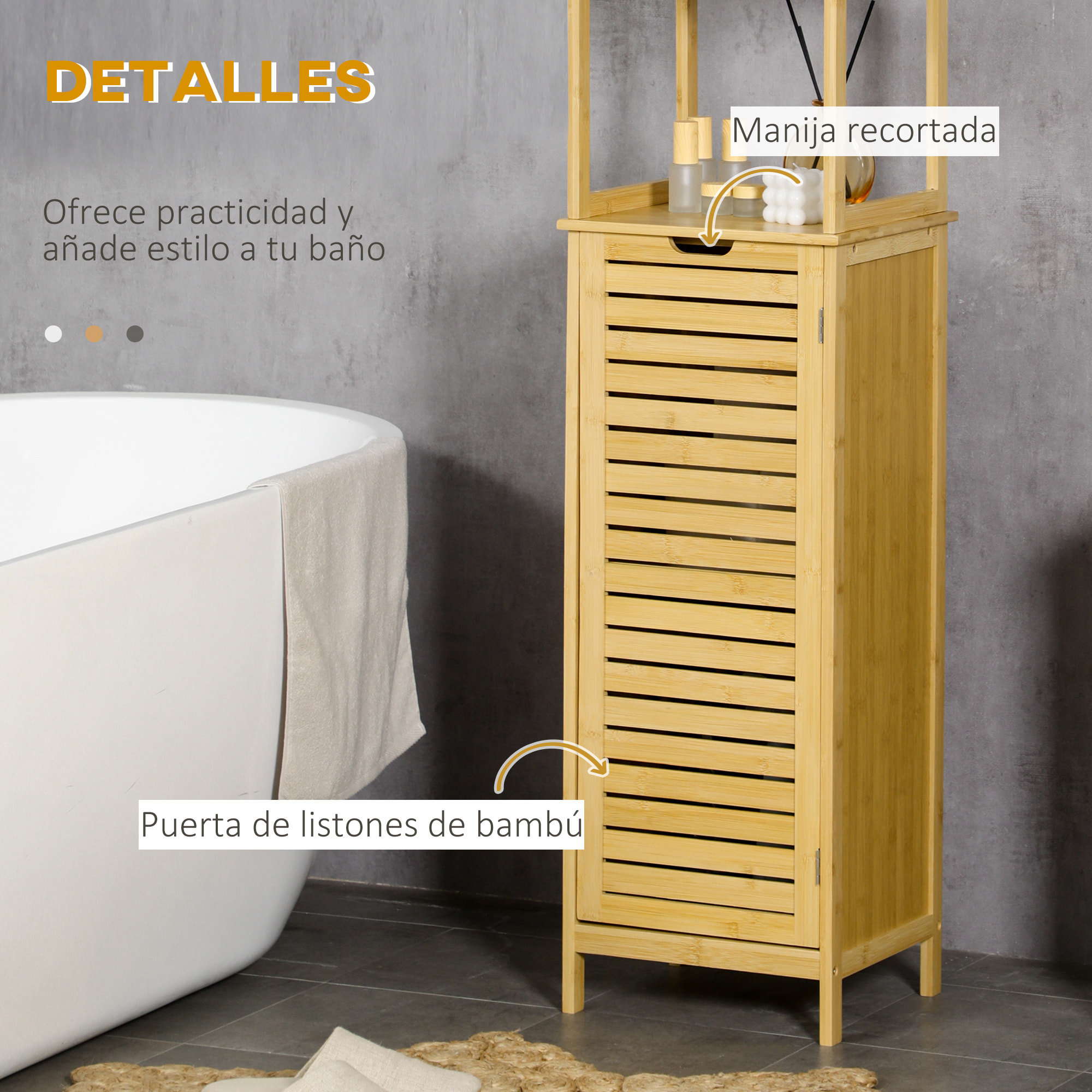 Estantería de Baño de Bambú Armario Alto para Baño con 3 Estantes y 1 Puerta Mueble Columna de Almacenaje para Salón 34x30x173 cm Natural