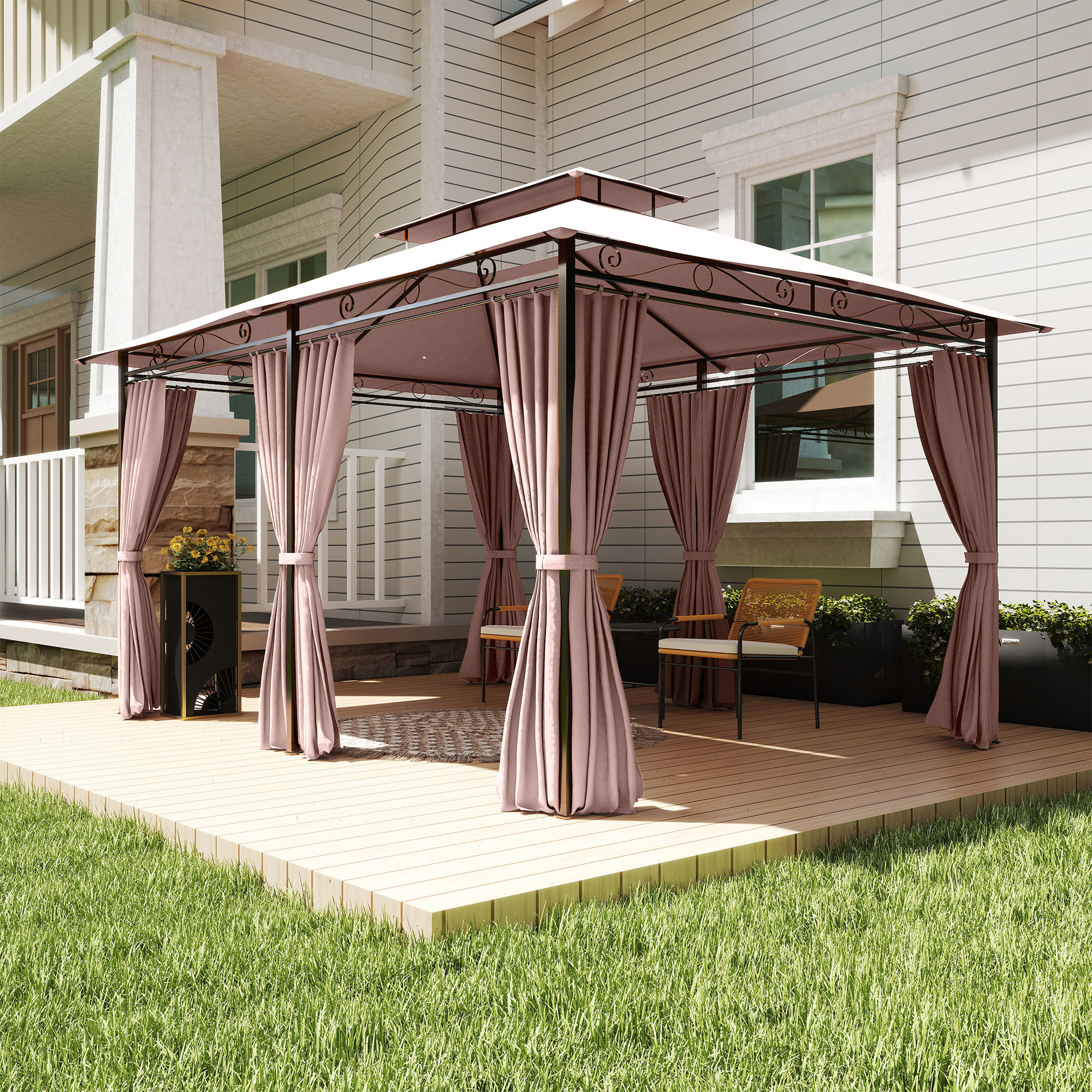 para Jardín 3x4 m Pérgola de Jardín Gazebo con Doble Techo Paredes Laterales Resistente al Agua Carpa para Exterior Terraza Patio Caqui