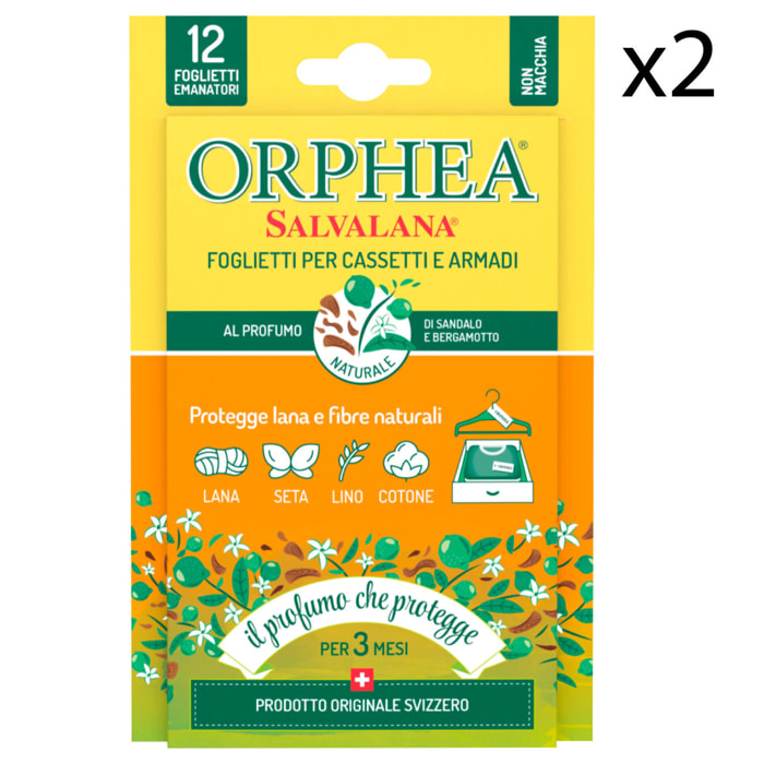 2x Orphea Salvalana Foglietti Cassetti e Armadi Protegge Lana e Fibre Naturali Sandalo e Bergamotto - 2 Confezioni da 12 Foglietti