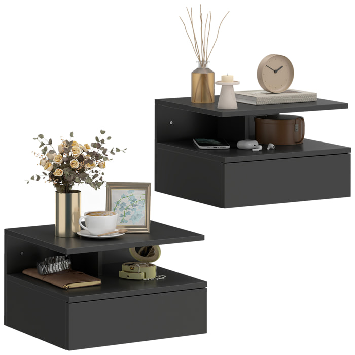 Juego de 2 Mesitas de Noche Flotantes con Cajón, Mesillas de Noche Dormitorio, Montado en la Pared, Estilo Moderno, para Sala de Estar, 35x32x22,5 cm, Negro