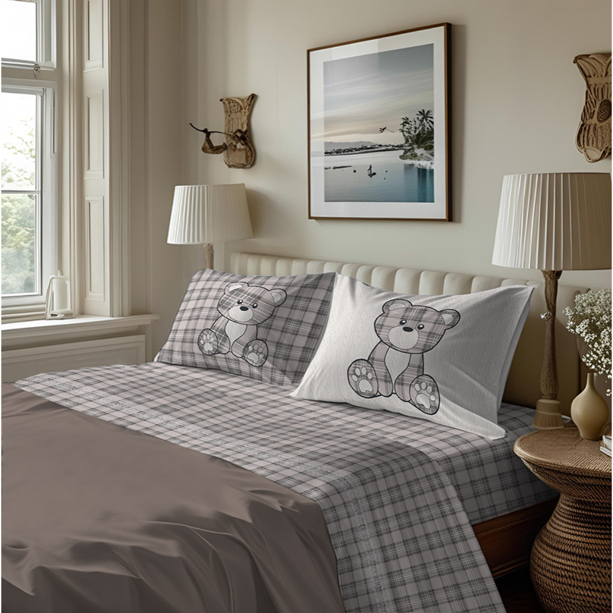 Completo letto in flanella tartan orsetto beige flanella 100% cotone