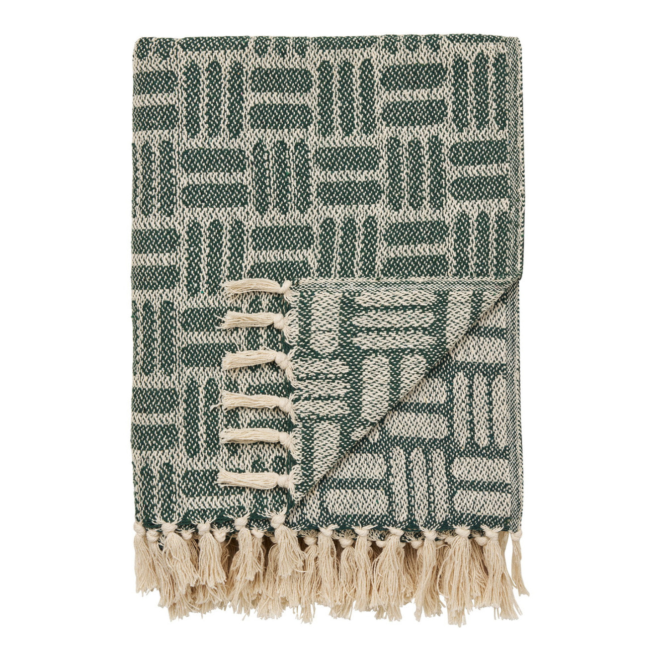 Plaid Adana in verde con motivo geometrico intrecciato e frange 130x180 cm