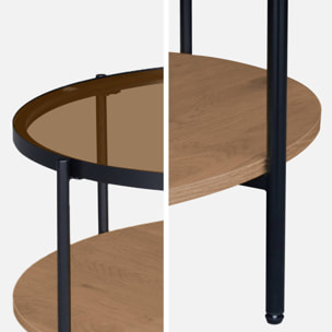 Table basse ronde double plateau verre, décor bois et métal SMOOKY